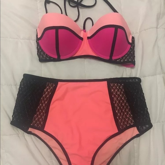 🆕XHILARATION CROCHET HIGH WAIST M STRAPLESS MESH BANDEAU XL NEON BIKINI SET - Picture 4 of 5